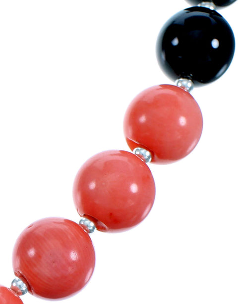 Sterling Silver Pink Coral And Onyx Southwest Bead Necklace SX114868